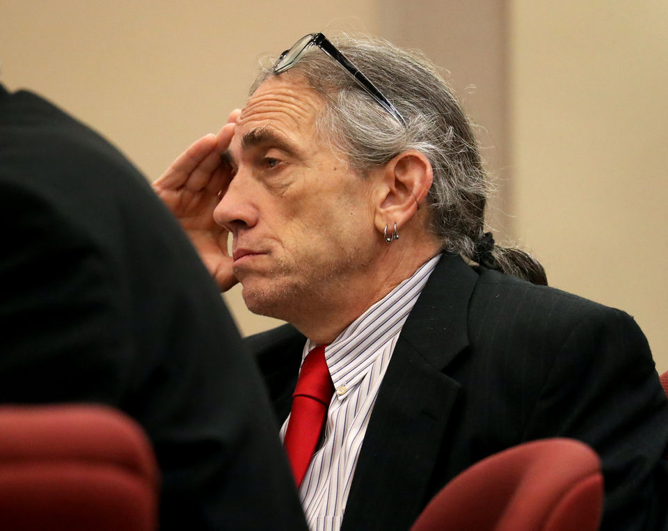 Ferdinand Augello looks on as former Pagan Motorcycle Club member Andrew Glick testifies at the Atlantic County Justice Facility in Mays Landing, Monday, Sept. 17, 2018. Augello is accused of setting up the killing of April Kauffman to protect an Oxycontin ring Augello and Dr. James Kauffman allegedly set up.